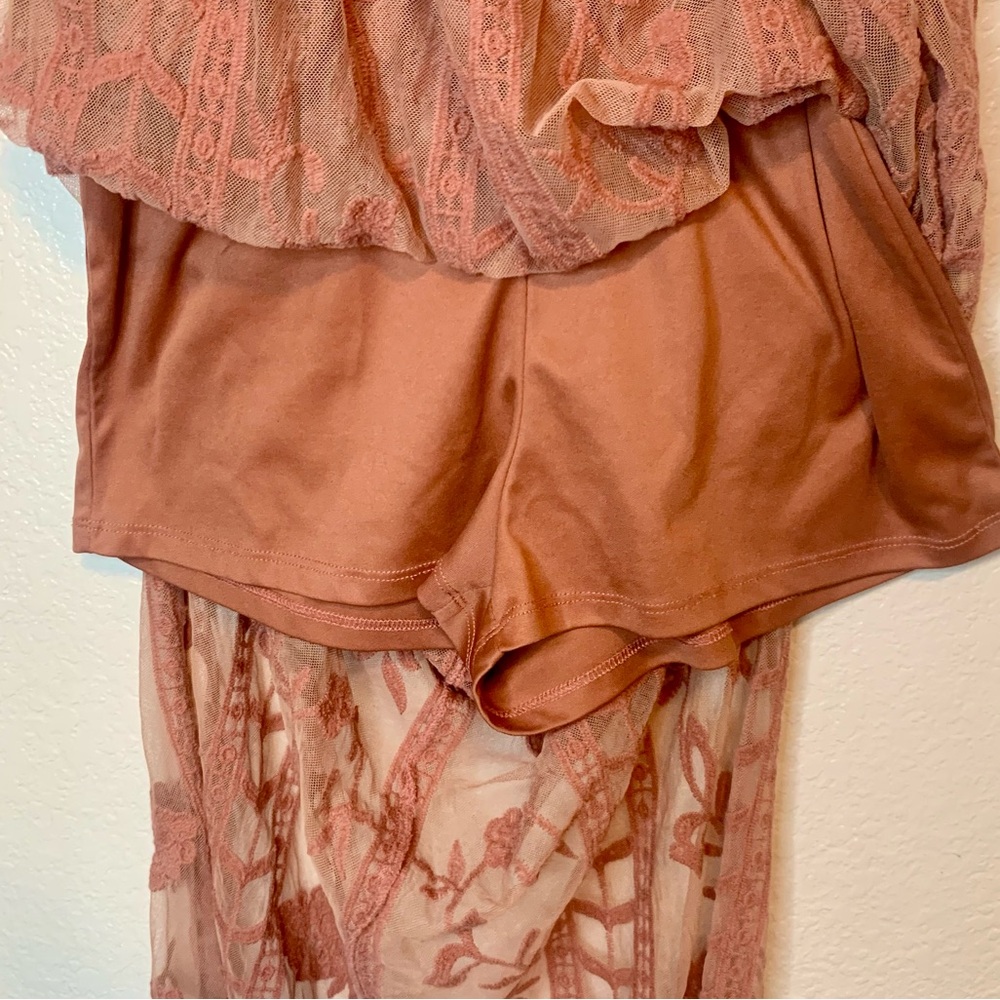 Socialite Nordstrom Lace Overlay Romper Boho Maxi Dress Dusty Pink Size Large - Picture 16 of 16